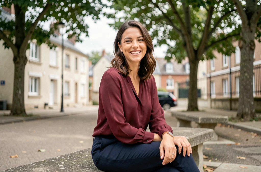 Portrait en extérieur d'une femme souriante dans un square d'Aubervilliers lors d'une séance photo professionnelle