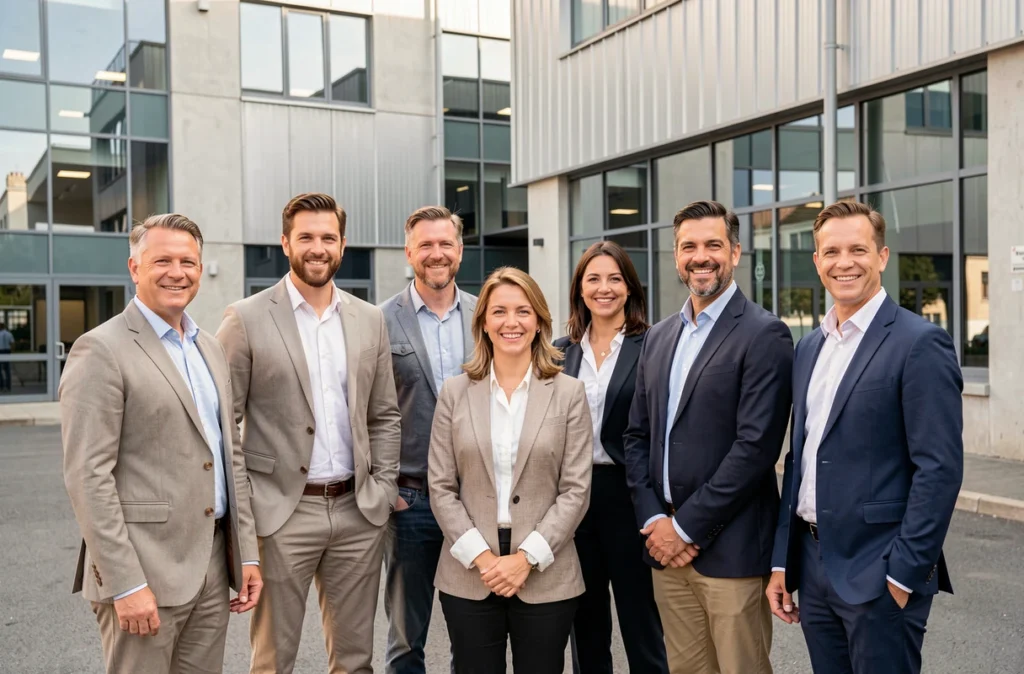 Portrait de groupe professionnel devant un bâtiment moderne du quartier d'affaires d'Aubervilliers lors d'un événement corporate