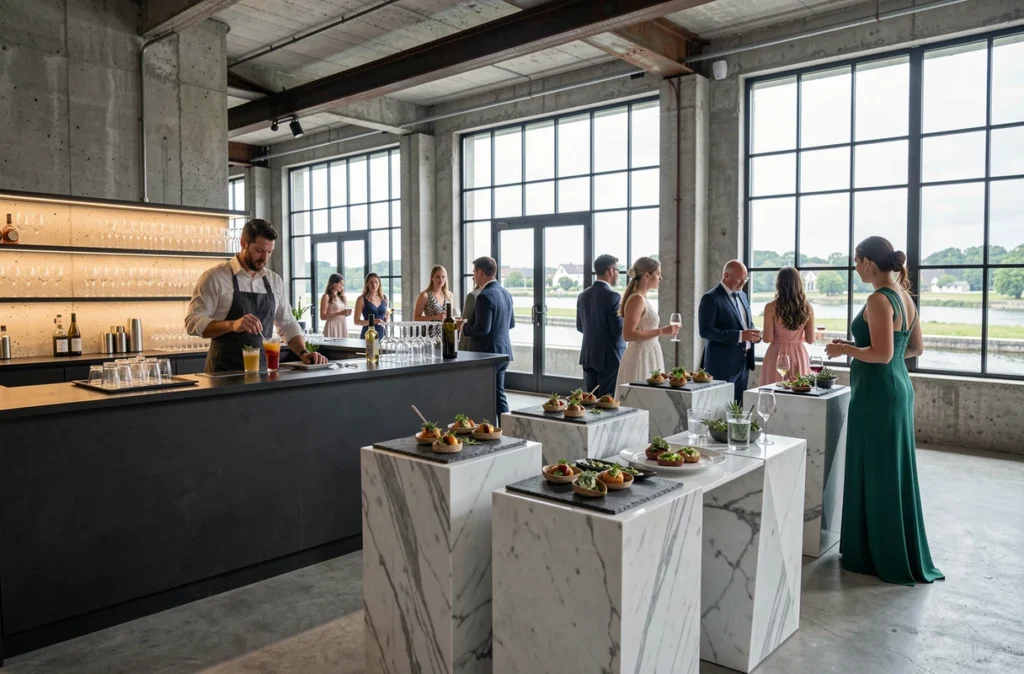 Cocktail créatif de mariage orchestré par RC Traiteur dans un loft industriel en Loire-Atlantique