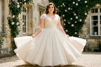 Femme ronde en robe de mariée années 50 style bal avec jupe en tulle volumineuse et bustier en dentelle dans une cour de château français