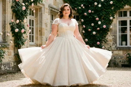 Femme ronde en robe de mariée années 50 style bal avec jupe en tulle volumineuse et bustier en dentelle dans une cour de château français