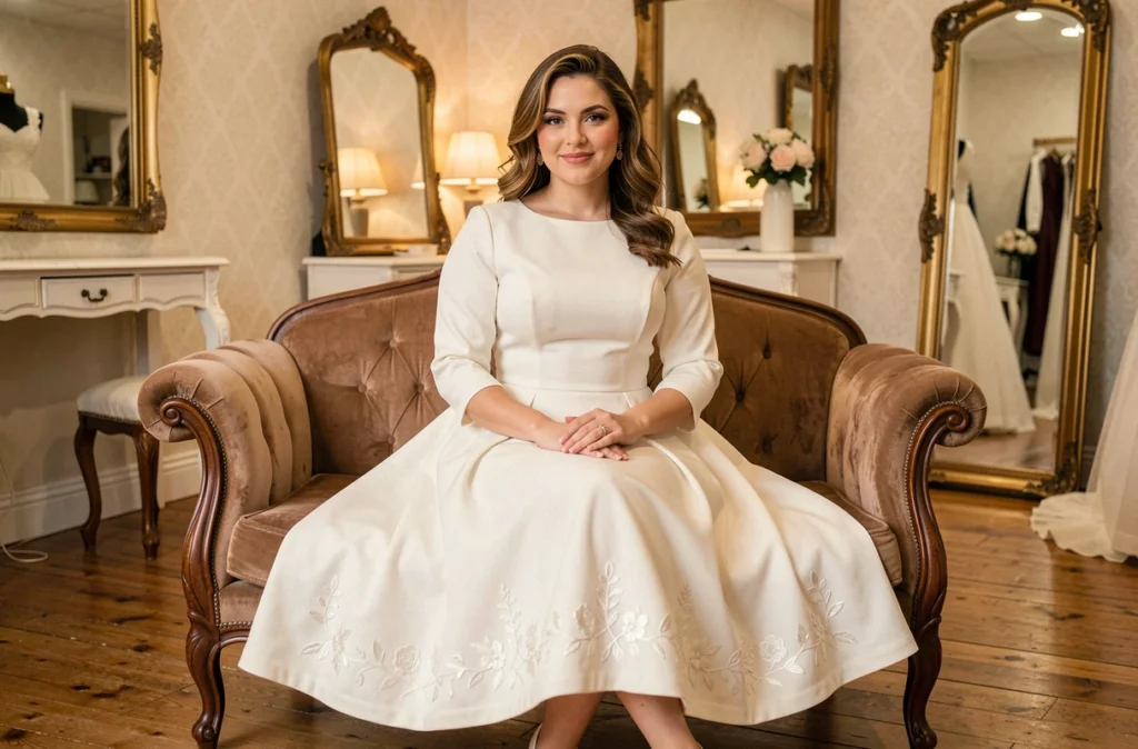 Femme ronde assise en robe de mariée années 60 style A-line avec manches trois-quarts et broderies florales dans une boutique de mariée vintage