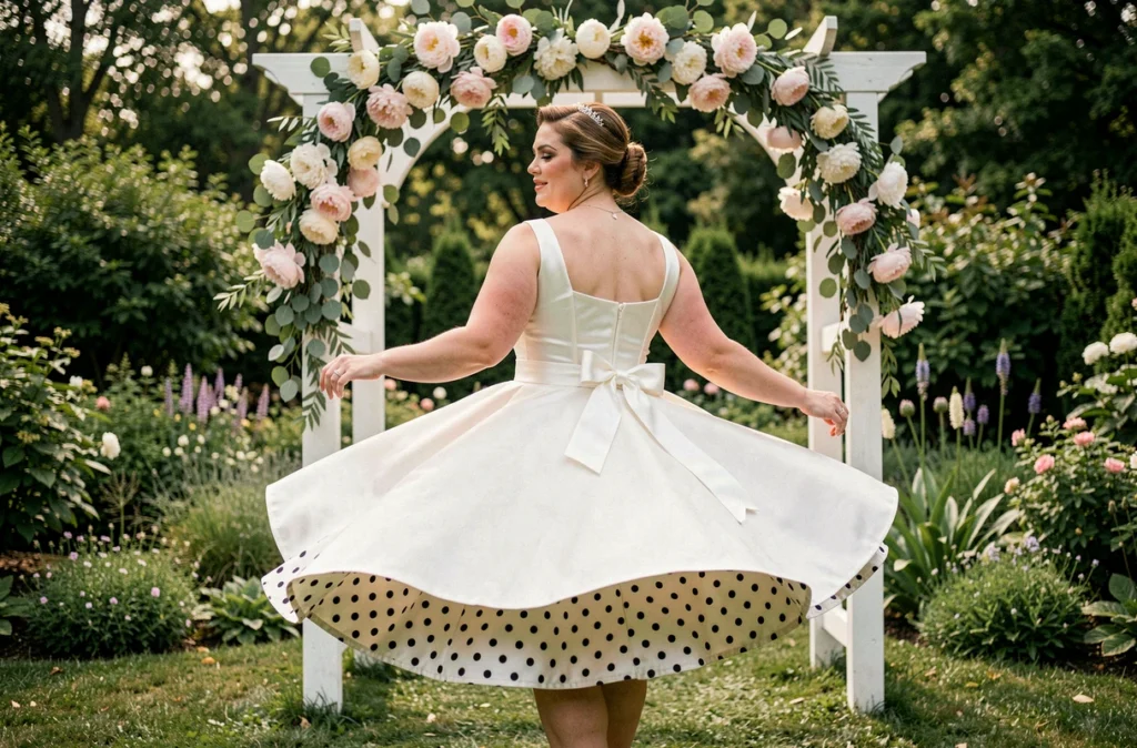 Mariée ronde en robe rockabilly inspirée des années 50 avec jupe crinoline et nœud satin qui tourbillonne sous un arbre de fleurs dans un jardin de mariage