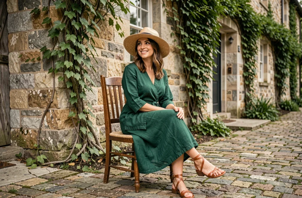 Femme en robe verte lin bohème assise devant une ferme en pierre pour un look mariage champêtre