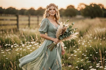 Femme en robe verte fluide bohème chic dans une prairie fleurie pour un mariage champêtre