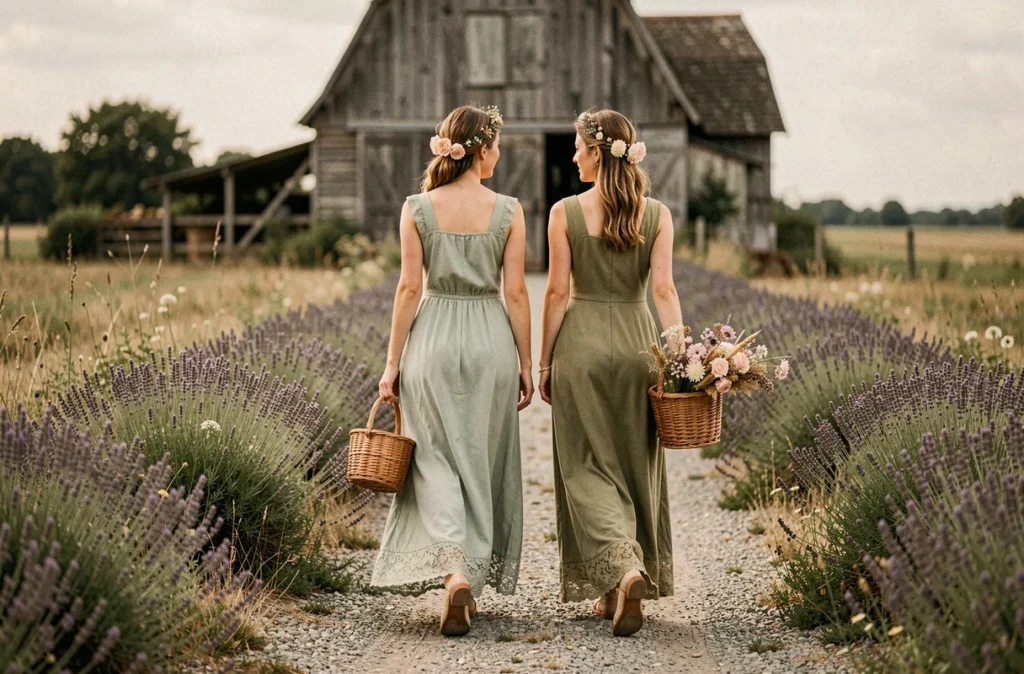Deux femmes en robes vertes bohème chic marchant vers une grange lors d'un mariage champêtre