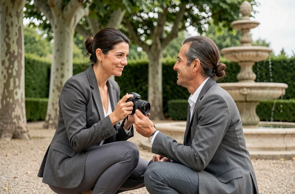 Photographe professionnelle locale guidant un couple lors d'une séance photo dans un jardin de Manosque
