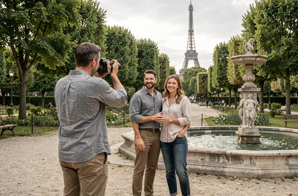 Photographe de couple en extérieur dans un parc parisien avec la Tour Eiffel en arrière-plan