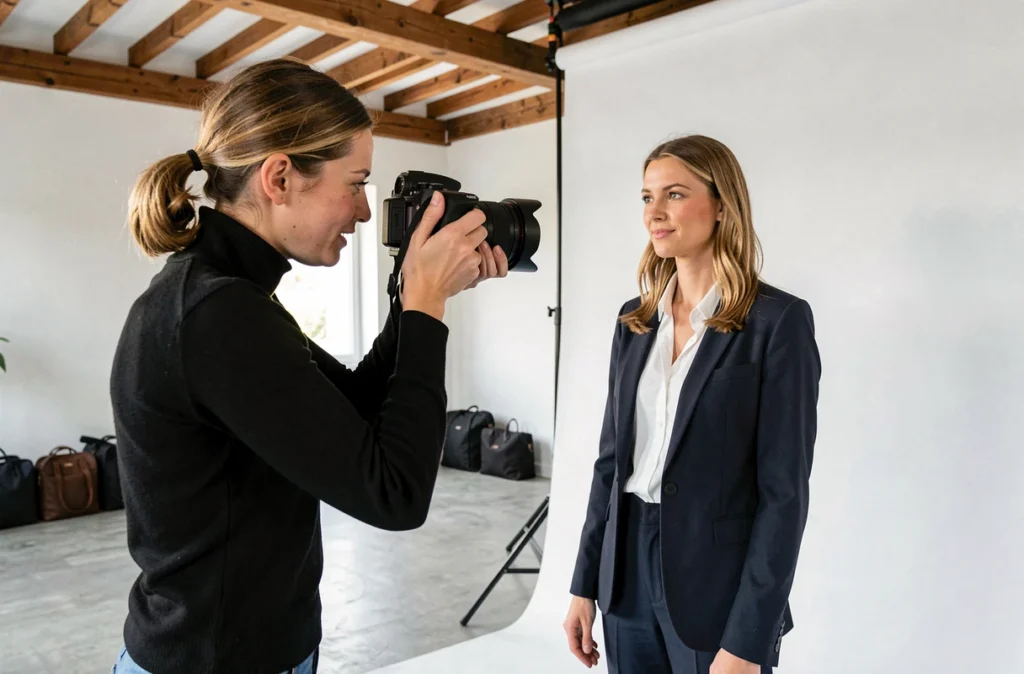 Session photo professionnelle en studio loué à Aix-les-Bains avec photographe et client