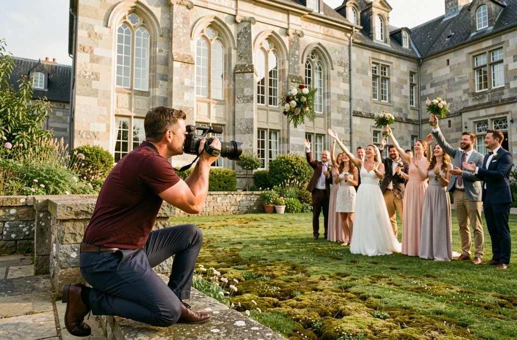 Studio Cigale filmant le lancer de bouquet de mariée dans le jardin d'un manoir breton en granit