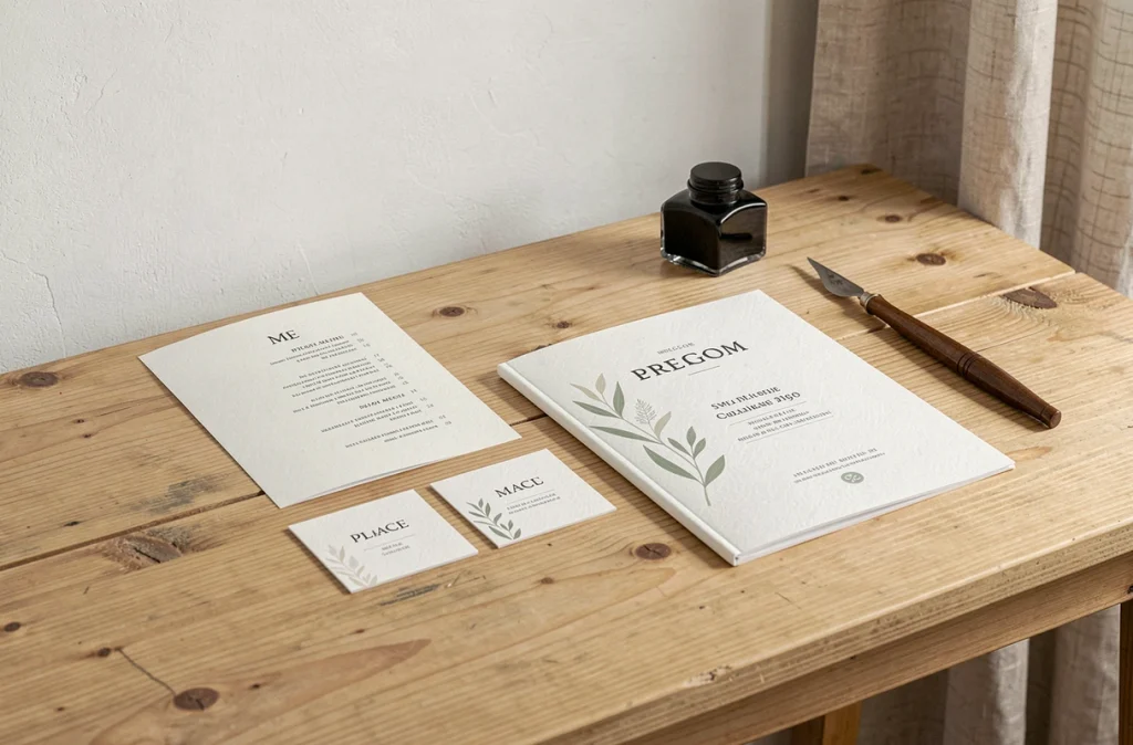 Suite de papeterie de mariage My Dear Paper avec menu, programme et marques-places sur bureau en chêne clair, vue en plan rapproché