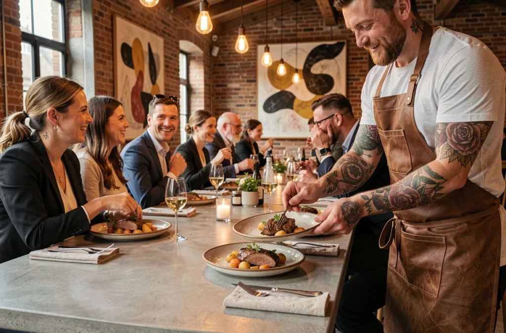 Dîner bistronomique de mariage servi dans un espace industriel reconverti en Loire-Atlantique