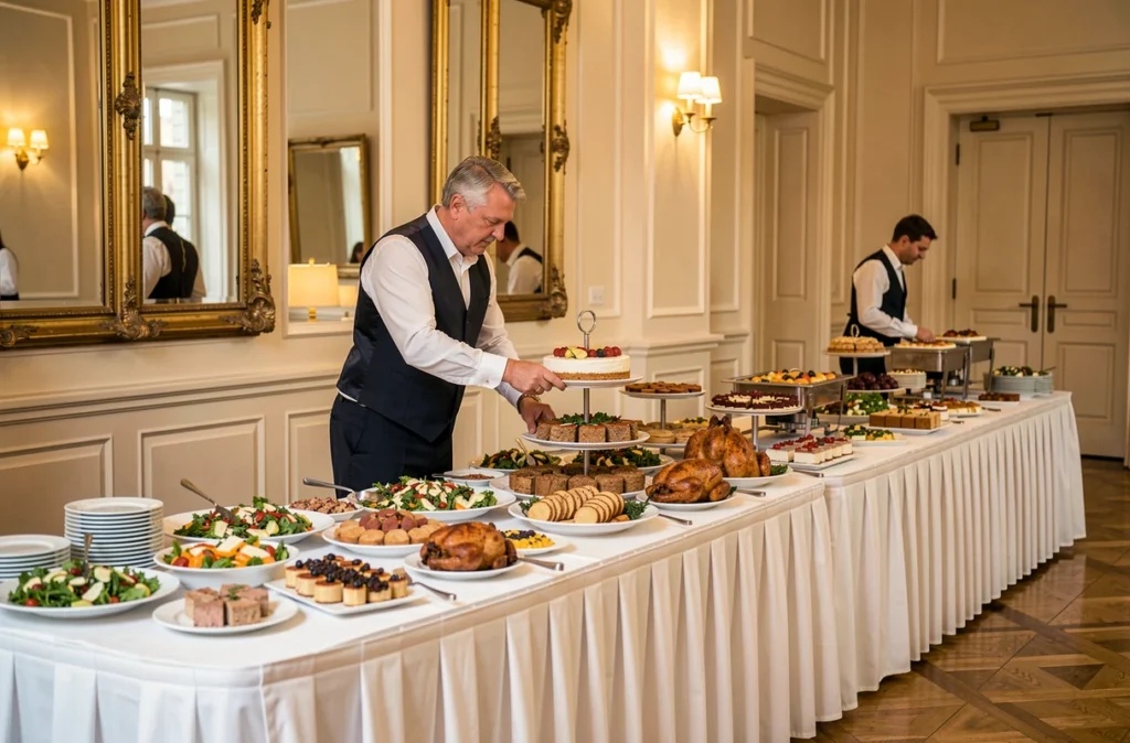 Traiteur Denis finalisant le dressage d'un buffet complet de mariage dans une salle de réception des Pays de la Loire