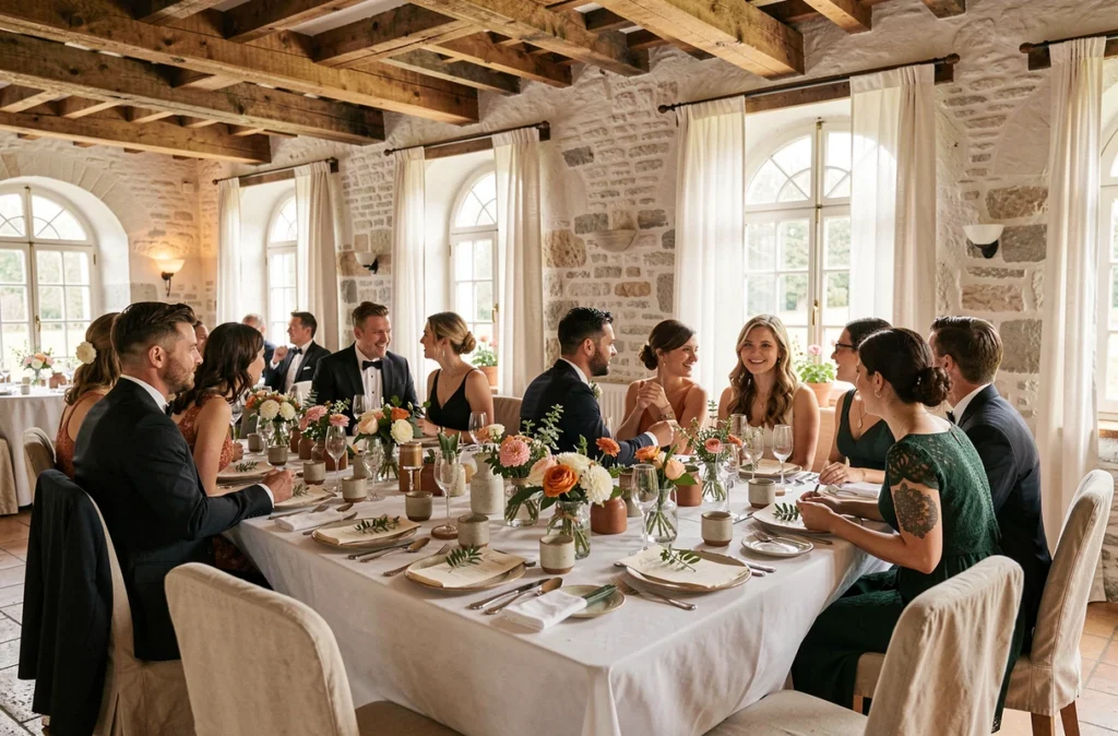 Dîner de mariage sur mesure dans une belle ferme rénovée du Maine-et-Loire avec arts de la table personnalisés