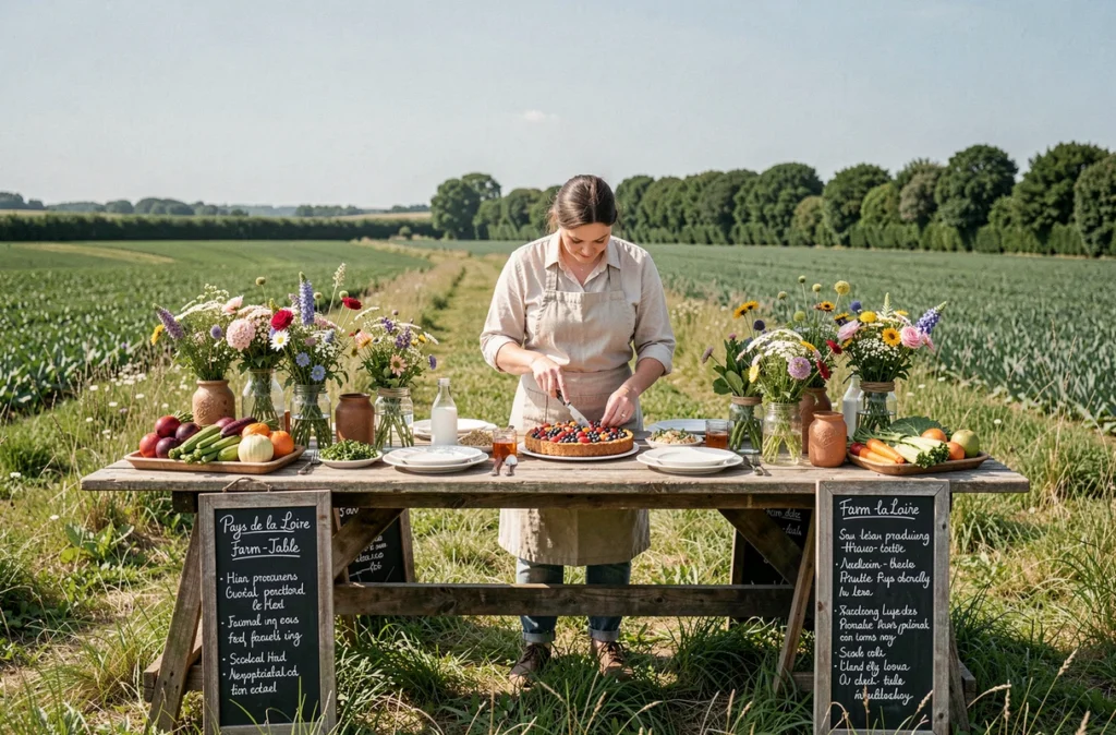 Réception de mariage circuits courts avec produits locaux sur tables en bois dans les champs des Pays de la Loire