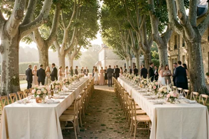 Table de réception de mariage dressée en plein air dans les Pays de la Loire avec décoration florale élégante