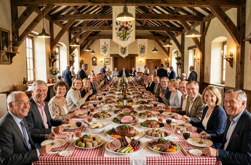 Banquet de mariage traditionnel servi en salle communale dans les Pays de la Loire avec buffet de plats familiaux