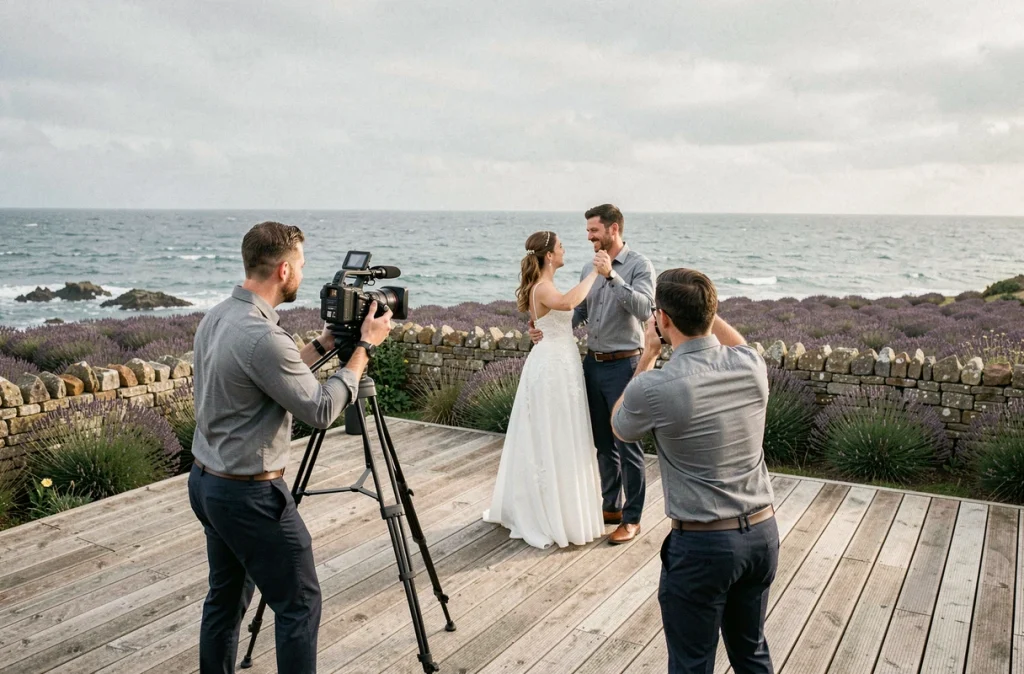 Two French Guys, deux vidéastes en duo filmant une danse de mariage sur une terrasse bretonne face à l'océan