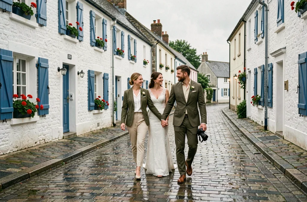 We Do Films filmant un couple de mariés dans une rue de village breton avec des façades blanches et volets bleus
