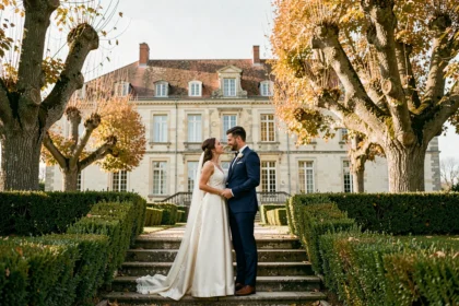 Couple de mariés devant un château en pierre de Nouvelle-Aquitaine entouré de jardins à la française lors d'une cérémonie de mariage élégante
