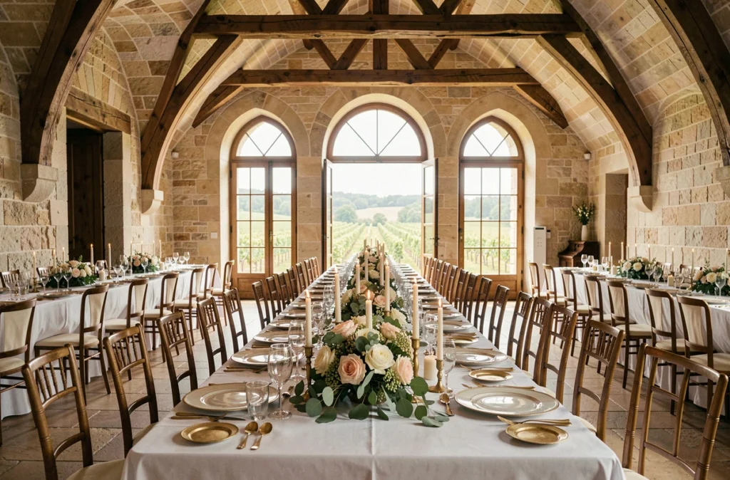 Salle de réception de mariage décorée dans un château historique de la région Nouvelle-Aquitaine avec vue sur les vignes et décoration florale raffinée